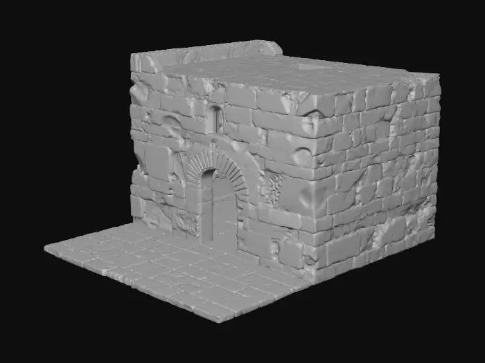 3D model for Detailed 3D model of a modular section of an old Jewish building, ground floor. It features a central arched main doorway (empty space for the door) and a small, high-arched window (empty space for the window). Constructed of roughly hewn stone blocks, faced with textured plaster and areas of exposed stone, in the rural style of Bethlehem. Flat top edge for easy stacking. Pure white background. Realistic, highly detailed, and historically accurate.