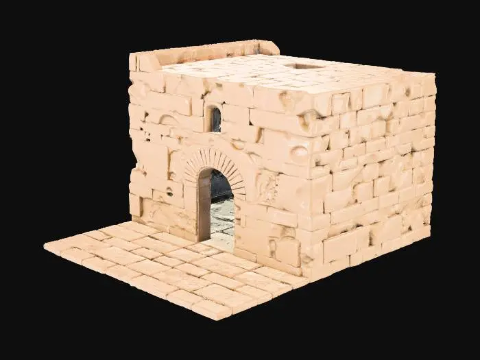 3D model for Detailed 3D model of a modular section of an old Jewish building, ground floor. It features a central arched main doorway (empty space for the door) and a small, high-arched window (empty space for the window). Constructed of roughly hewn stone blocks, faced with textured plaster and areas of exposed stone, in the rural style of Bethlehem. Flat top edge for easy stacking. Pure white background. Realistic, highly detailed, and historically accurate.