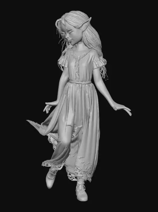 3D model for A very sexy, full-body young elf, with a mischievous smile and a wink. Her pose is playful yet modest, with delicate leaves and wooden vines swirling around her shoulders and hips.