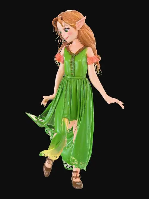 3D model for A very sexy, full-body young elf, with a mischievous smile and a wink. Her pose is playful yet modest, with delicate leaves and wooden vines swirling around her shoulders and hips.
