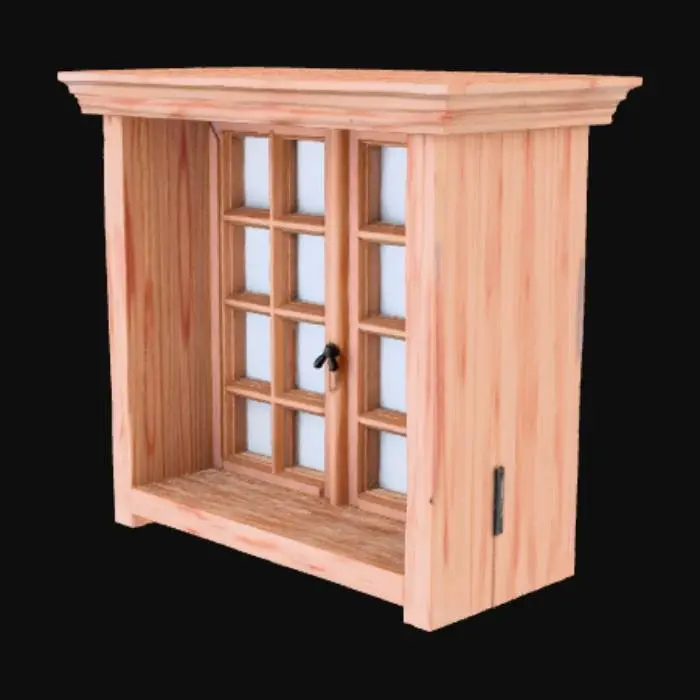 3D model for Una ventana antigua  con marcos de madera de cedro envejecida y una celosia de pino, de tipo casa hebrea, solo la ventana con un fondo blanco puro.