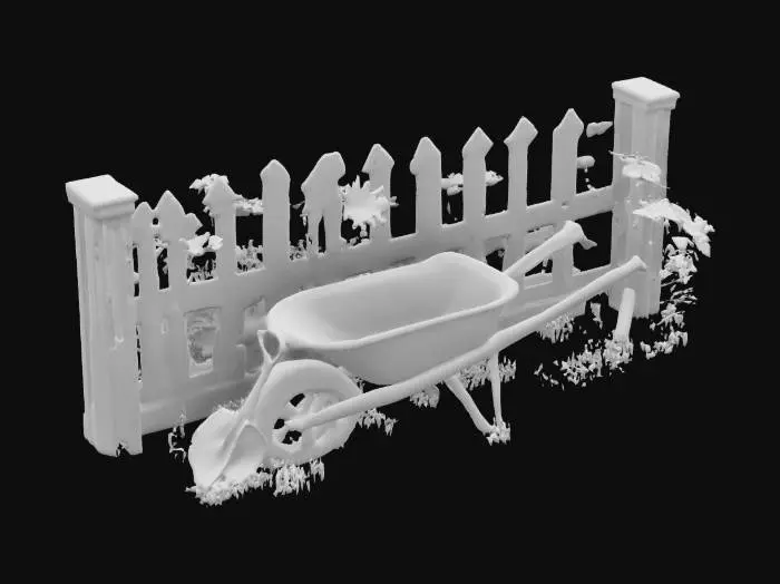 3D model for #garden#, Create a beautiful garden diorama. Picket fence, wheelbarrow, shovel, flowers.