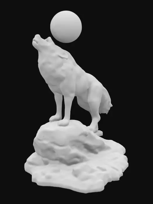 3D model for wolf howling at the moon. Standing on a base. The base has a large boulder along with smaller rocks.
