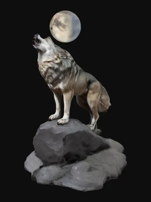 3D model for wolf howling at the moon. Standing on a base. The base has a large boulder along with smaller rocks.