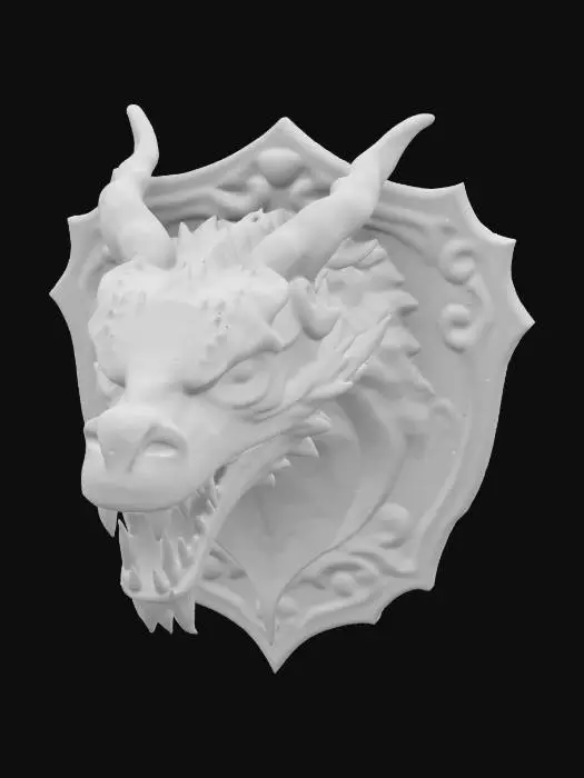 3D model for A majestic mountain dragon's head, mounted on a plaque ready to be hung on the wall.