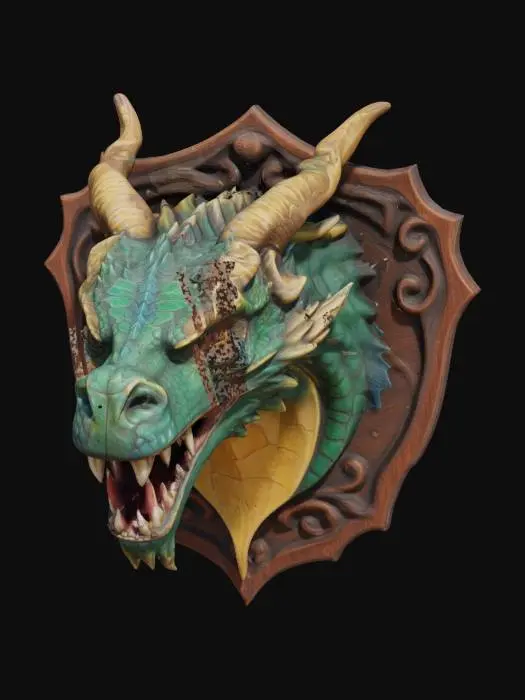 3D model for A majestic mountain dragon's head, mounted on a plaque ready to be hung on the wall.