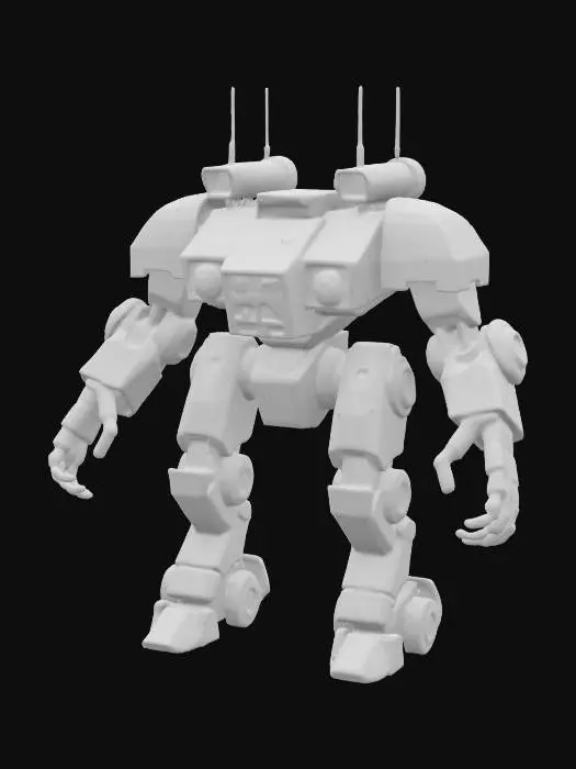 3D model for The object is a heavily armored, bipedal robot with a blocky geometry, featuring circular joints, a military aesthetic, and a worn metal texture with visible rust and decals., 