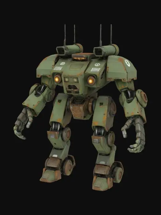 3D model for The object is a heavily armored, bipedal robot with a blocky geometry, featuring circular joints, a military aesthetic, and a worn metal texture with visible rust and decals., 