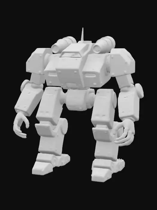 3D model for The object is a heavily armored, bipedal robot with a blocky geometry, featuring circular joints, a military aesthetic, and a worn metal texture with visible rust and decals., 