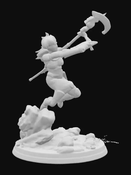 3D model for action figure holding a large sci-fi rifle. In a jumping pose one arm holding the rifle and the other arm in a swinging motion with an axe in her hand. Round base with rocks, pebbles, and electrical wires.