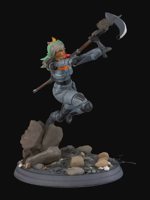 3D model for action figure holding a large sci-fi rifle. In a jumping pose one arm holding the rifle and the other arm in a swinging motion with an axe in her hand. Round base with rocks, pebbles, and electrical wires.