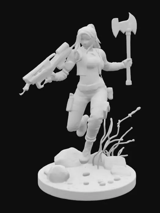 3D model for action figure holding a large sci-fi rifle. In a jumping pose one arm holding the rifle and the other arm in a swinging motion with an axe in her hand. Round base with rocks, pebbles, and electrical wires.
