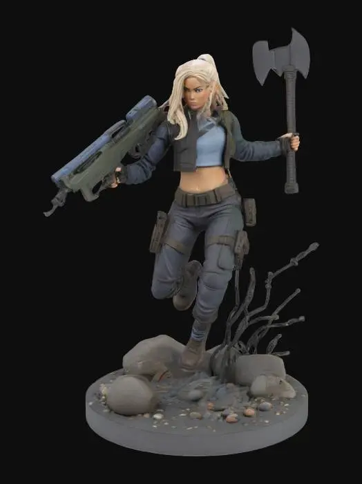 3D model for action figure holding a large sci-fi rifle. In a jumping pose one arm holding the rifle and the other arm in a swinging motion with an axe in her hand. Round base with rocks, pebbles, and electrical wires.
