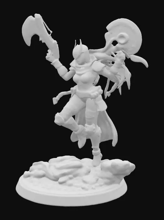 3D model for action figure holding a large sci-fi rifle. In a jumping pose one arm holding the rifle and the other arm in a swinging motion with an axe in her hand. Round base with rocks, pebbles, and electrical wires.