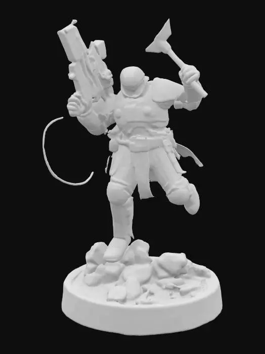 3D model for action figure holding a large sci-fi rifle. In a jumping pose one arm holding the rifle and the other arm in a swinging motion with an axe in her hand. Round base with rocks, pebbles, and electrical wires.