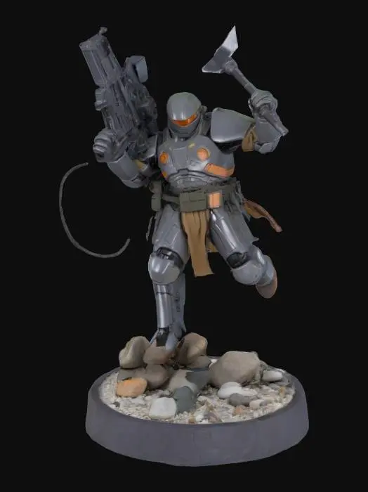 3D model for action figure holding a large sci-fi rifle. In a jumping pose one arm holding the rifle and the other arm in a swinging motion with an axe in her hand. Round base with rocks, pebbles, and electrical wires.