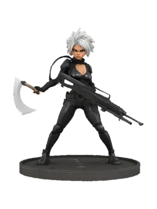 a female sci-fi action figure holding a large sci-fi rifle. In a jumping pose… - Actionfigure 3D model, vytvořený pomocí AI