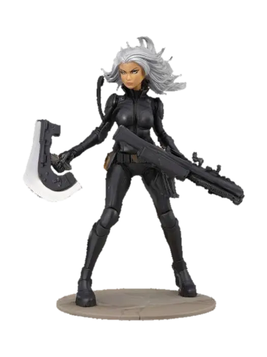 a female sci-fi action figure holding a large sci-fi rifle. In a jumping pose… - Actionfigure 3D model, vytvořený pomocí AI