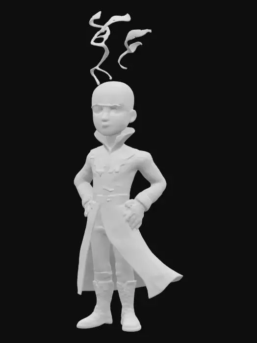 3D model for bald sci-fi female with web tattoos on her head. Wearing a long black leather overcoat.