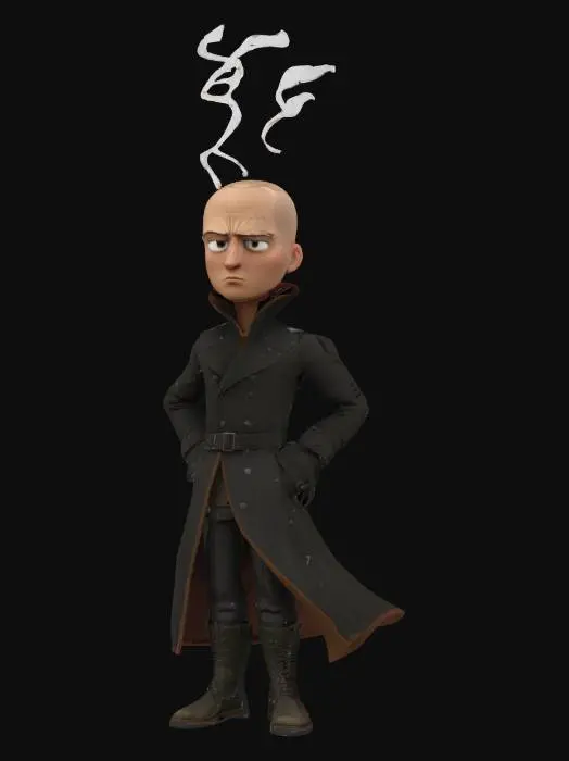 3D model for bald sci-fi female with web tattoos on her head. Wearing a long black leather overcoat.