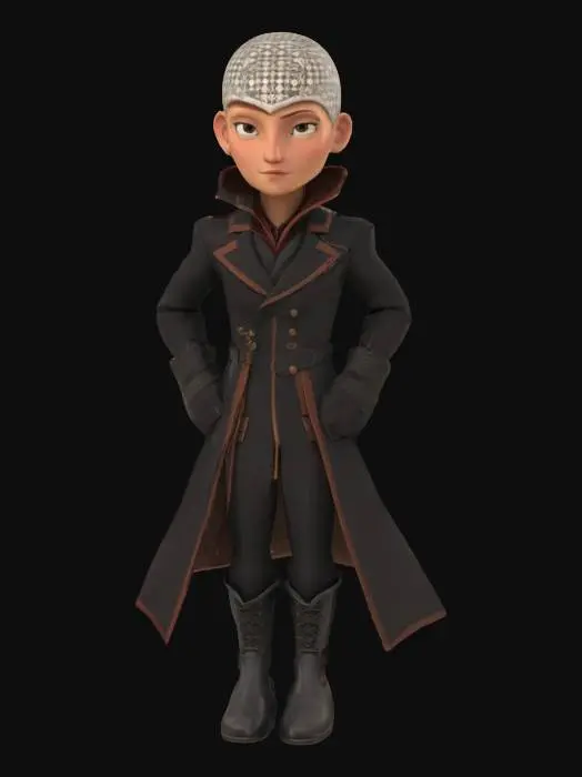 3D model for bald sci-fi female with web tattoos on her head. Wearing a long black leather overcoat.