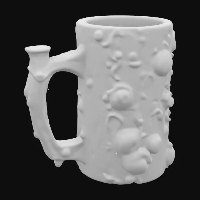 3D model for a cylindrical mug with a textured surface mimicking tree bark, featuring mushroom-like protrusions and a handle shaped like a mushroom stem.