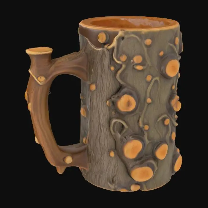 3D model for a cylindrical mug with a textured surface mimicking tree bark, featuring mushroom-like protrusions and a handle shaped like a mushroom stem.
