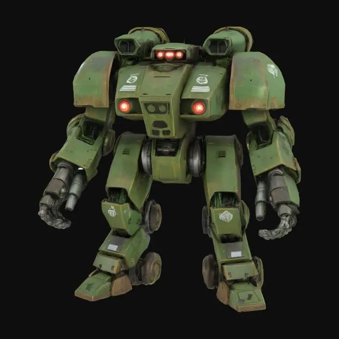3D model for The object is a heavily armored, bipedal robot with a blocky geometry, featuring circular joints, a military aesthetic, and a worn metal texture with visible rust and decals., 