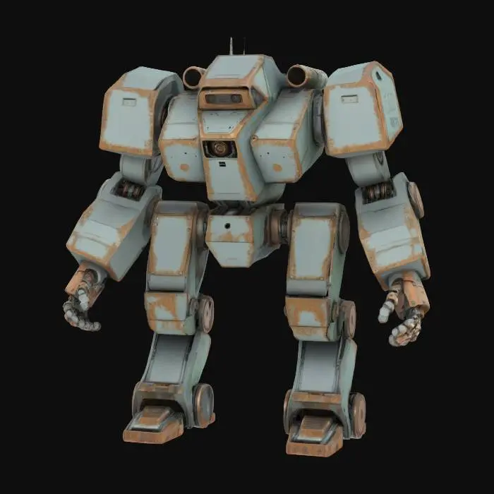 3D model for The object is a heavily armored, bipedal robot with a blocky geometry, featuring circular joints, a military aesthetic, and a worn metal texture with visible rust and decals., 