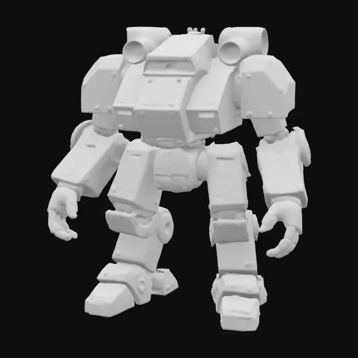 3D model for The object is a heavily armored, bipedal robot with a blocky geometry, featuring circular joints, a military aesthetic, and a worn metal texture with visible rust and decals., 