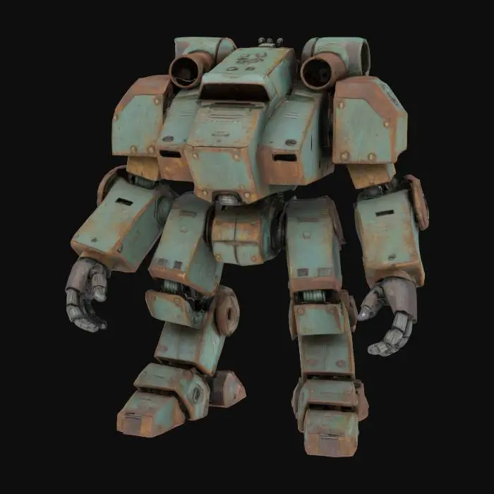 3D model for The object is a heavily armored, bipedal robot with a blocky geometry, featuring circular joints, a military aesthetic, and a worn metal texture with visible rust and decals., 