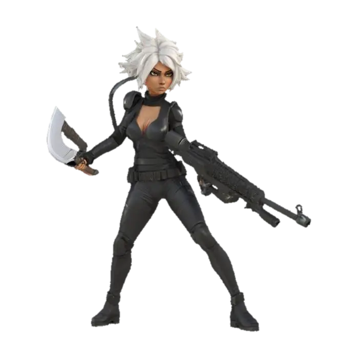 a female sci-fi action figure holding a large sci-fi rifle. In a jumping pose… - Actionfigure 3D model, vytvořený pomocí AI