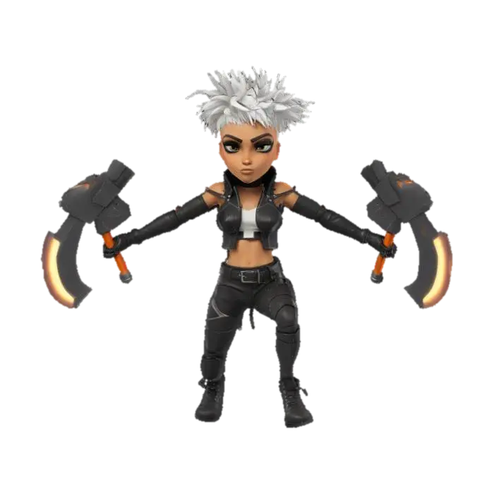 a female sci-fi action figure holding a large sci-fi rifle. In a jumping pose… - Actionfigure 3D model, vytvořený pomocí AI