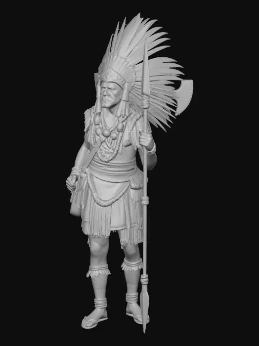 3D model for un indigena precolombino de El Salvador, armado, con traje de batalla tradicional