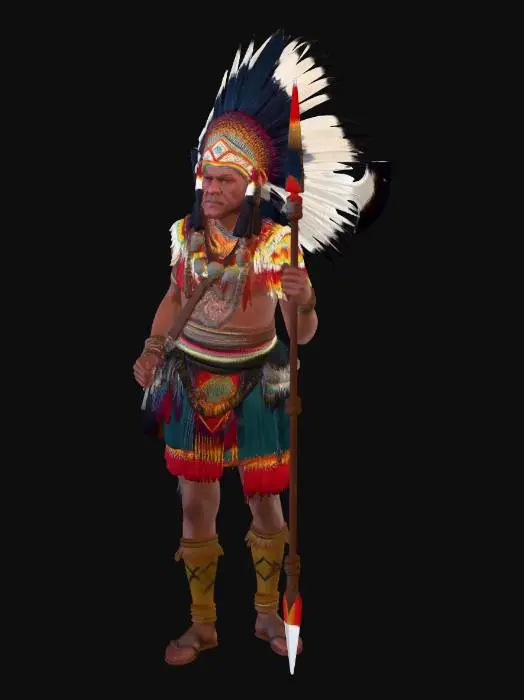 3D model for un indigena precolombino de El Salvador, armado, con traje de batalla tradicional