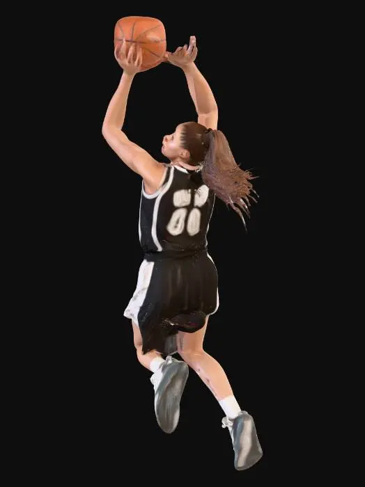 3D model for photorealistic basketball player, female, jumping, dunking, with ball, woman, diffuse light