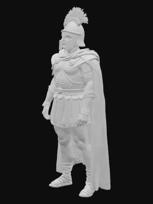 3D model for A Roman warrior standing, his muscular form encased in detailed legionary armor. A gleaming bronze helmet, adorned with a transverse crest of red plumes, covers his head. A rich crimson cape drapes over his shoulders, its heavy fabric flowing and lightly creased. His uniform consists of layered leather and metal segments, featuring intricate embossed patterns and polished surfaces, all rendered with a sturdy, battle-worn texture.