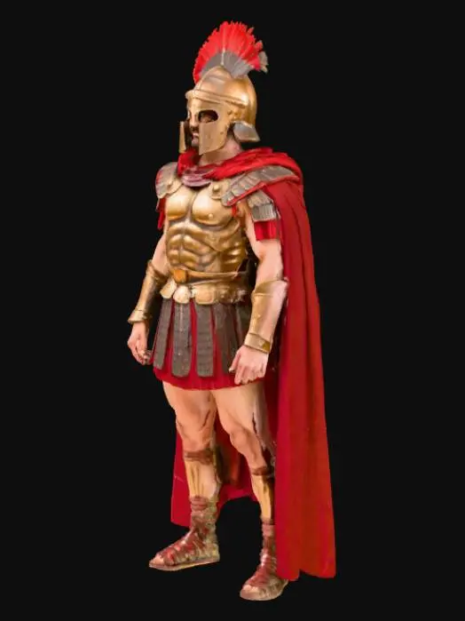3D model for A Roman warrior standing, his muscular form encased in detailed legionary armor. A gleaming bronze helmet, adorned with a transverse crest of red plumes, covers his head. A rich crimson cape drapes over his shoulders, its heavy fabric flowing and lightly creased. His uniform consists of layered leather and metal segments, featuring intricate embossed patterns and polished surfaces, all rendered with a sturdy, battle-worn texture.