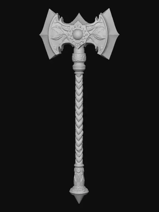 3D model for A warhammer with a double head, silver and green details, braided handle, medieval fantasy style, dark background, intricate carvings, ornate design, powerful weapon