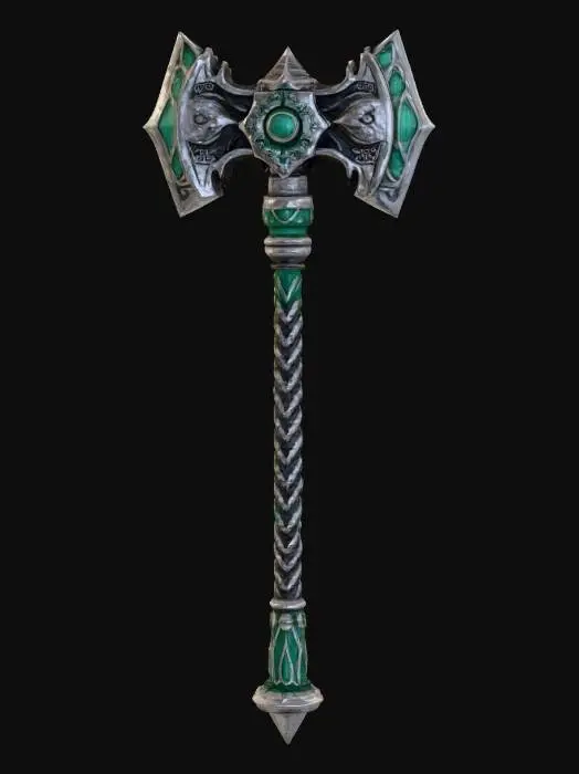 3D model for A warhammer with a double head, silver and green details, braided handle, medieval fantasy style, dark background, intricate carvings, ornate design, powerful weapon