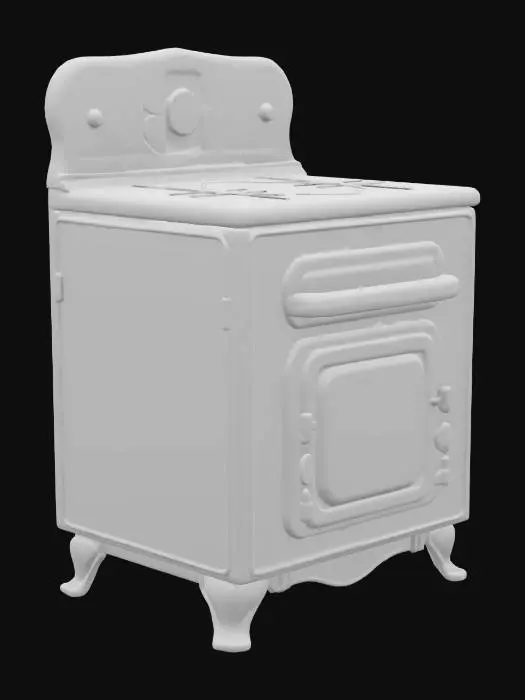 3D model for Low poly Victorian cast iron oven, minimal textures, flat colors, PS1-era graphics style, spooky vintage kitchen prop