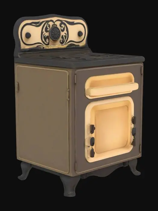 3D model for Low poly Victorian cast iron oven, minimal textures, flat colors, PS1-era graphics style, spooky vintage kitchen prop