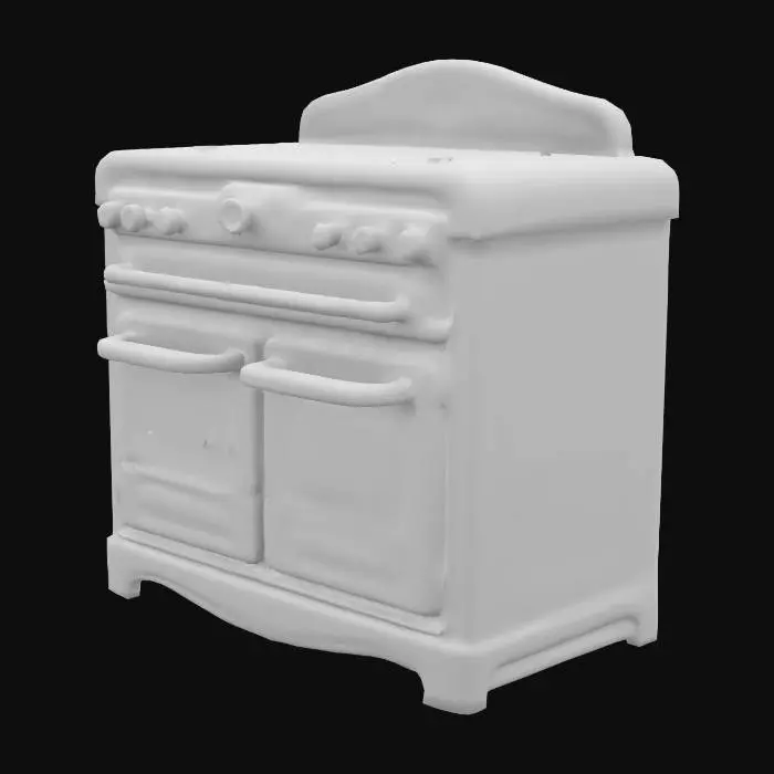 3D model for Low poly stylized oven, Victorian style, cartoon look, flat colors, no small details, retro PS1 game prop
