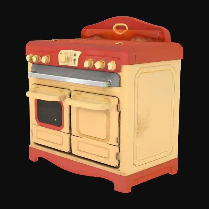 3D model for Low poly stylized oven, Victorian style, cartoon look, flat colors, no small details, retro PS1 game prop
