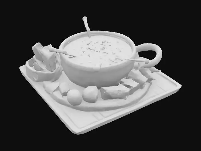 3D model for delicious cheese fondue served with pickles, silverskin onions and bread cut into cubes , #AroundTheWorld#