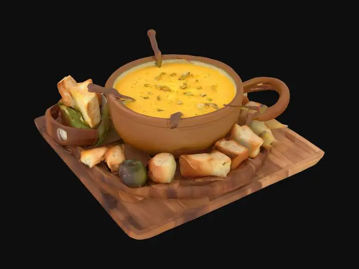 3D model for delicious cheese fondue served with pickles, silverskin onions and bread cut into cubes , #AroundTheWorld#