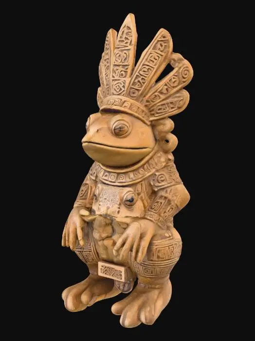 3D model for ancient mesopotamian statue of a toad with lots of ancient mayan symbols on it