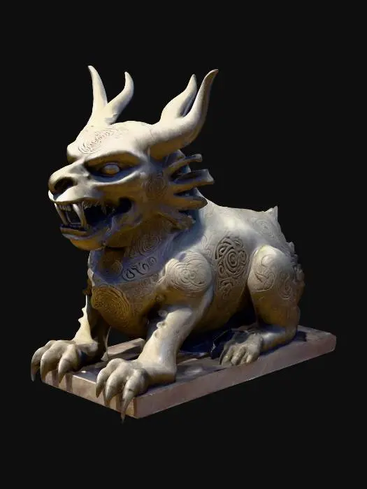 3D model for statue of a demonic beast with swirls in it, mesopotanian sigils and faces are etched into it, tunes from the past, the akashik records, they have seen the past and the future, pain is in the faces for they know what is to come, bizarre, high detail, incan art, anicent artifact, very highly detailed