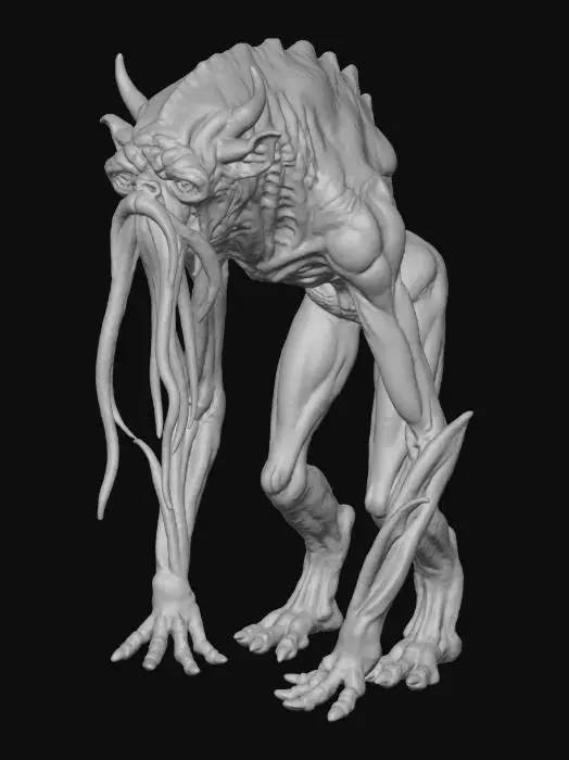 3D model for petrified monster, overgrown with chalk and stalactites, death impersonated, a creature that has been caughtby its past, sorrow, pain, beautiful rock pattern,