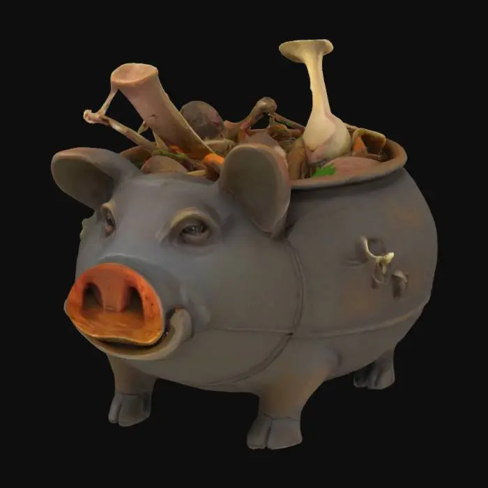 3D model for pig pot containing stew, medieval, made by goblins, there are bones and other weird ingredients in the stew